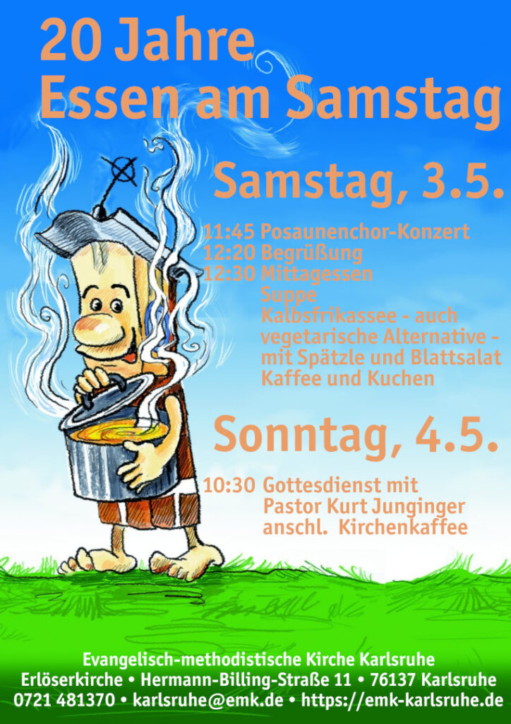 Kirchturm im Comic-Stil, der einen dampfenden Kochtopf trägt