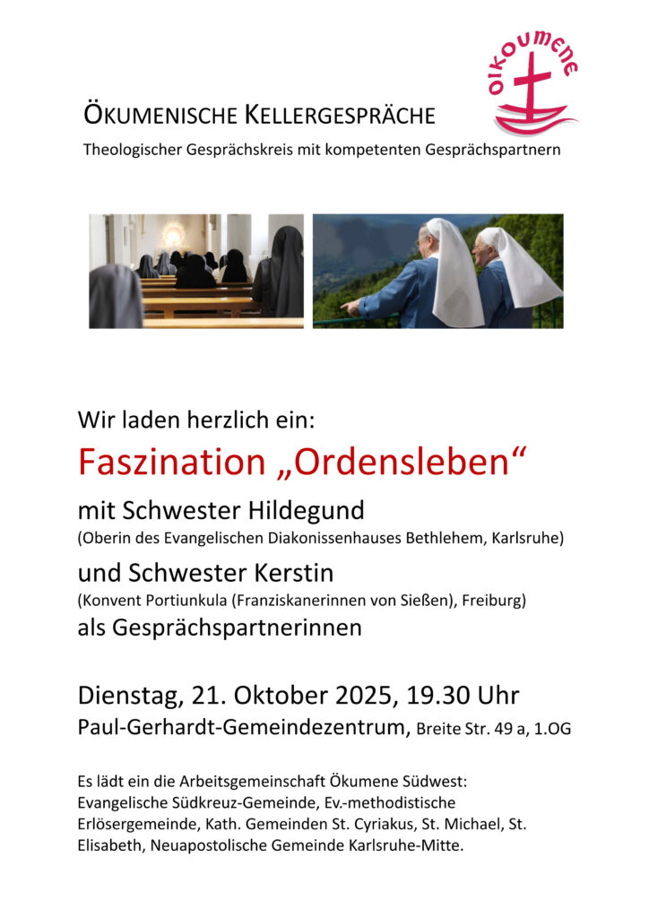 Das Bild zeigt Nonnen im Gottesdienst mit Blick zum Altar und zwei Nonnen in den Bergen. Oben rechts ist das Ökumene-Logo zu sehen: ein Schiff mit einem Kreuz als Mast