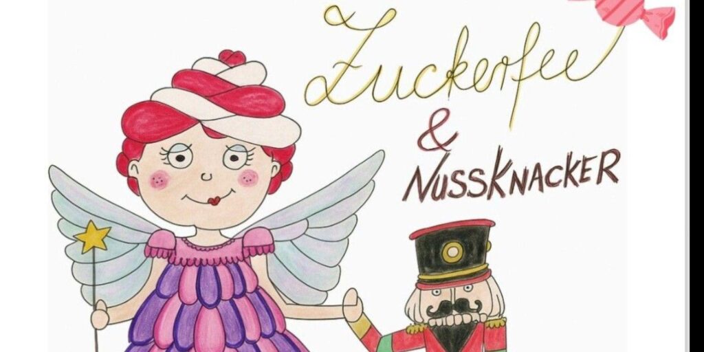 Ein von einem Kind gemaltes Bild einer Zuckerfee und eines Nussknackers, die Händchen halten