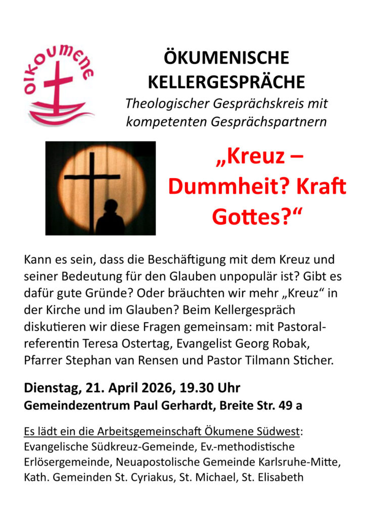 Handzettel für das Kellergespräch - es enthält ein Bild mit einem Kreuzu und einner Personn davor.  Beide sind im schatten.