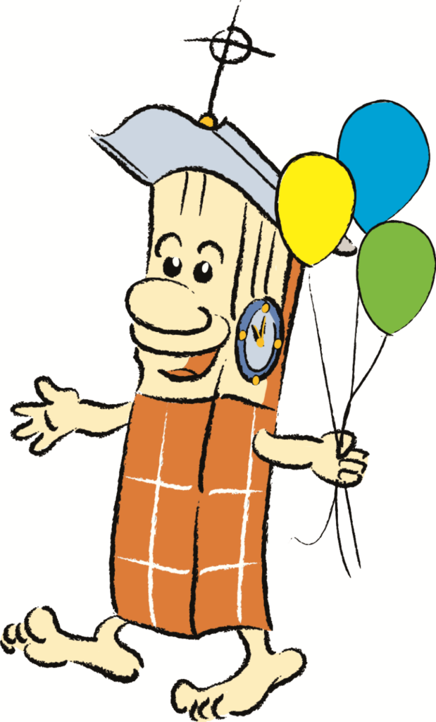 Eine Comic-Zeichnung des Turms der Erlöserkirche mit einem fröhlichen Gesicht und drei bunten Luftballons.